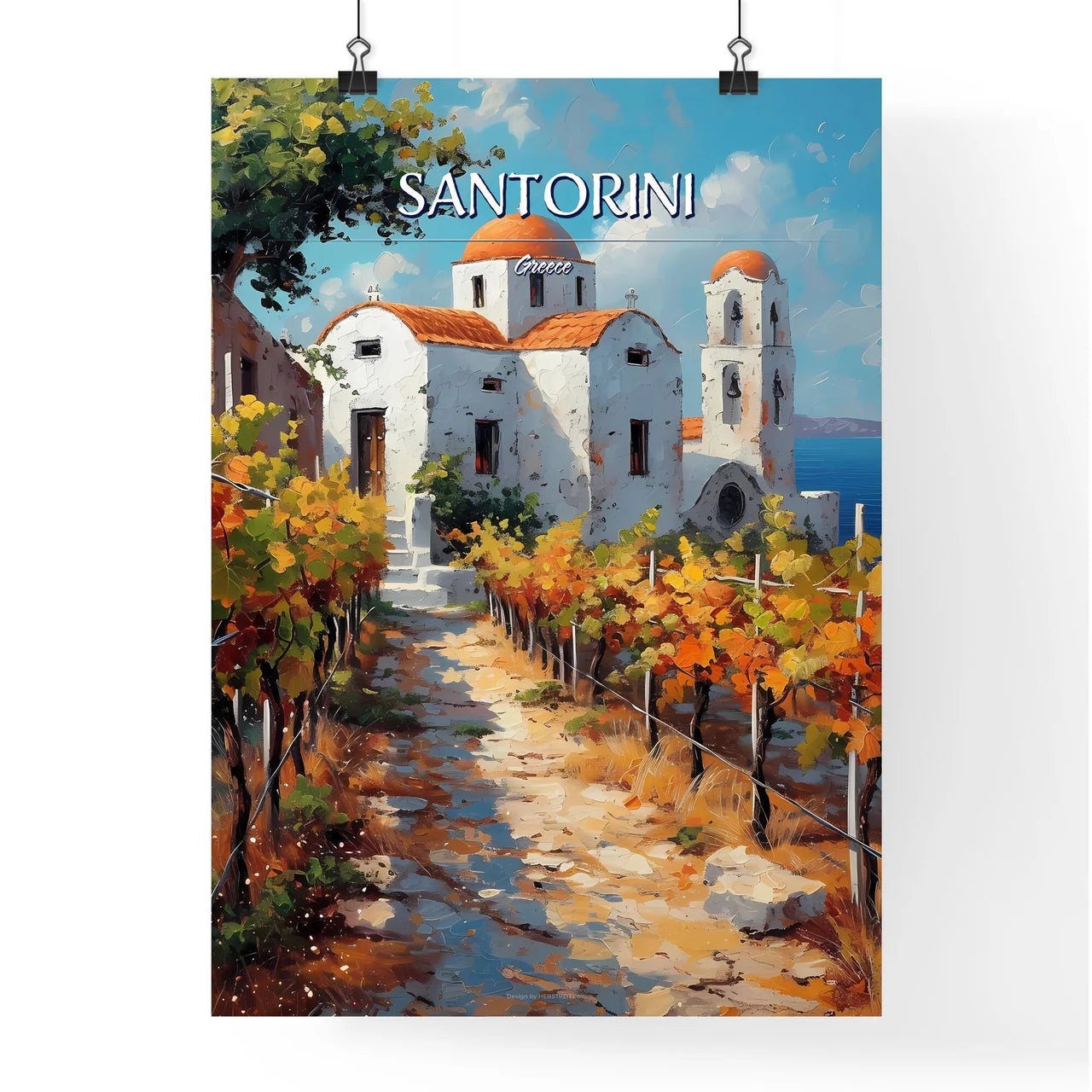 Santorini, Greece - Art print of a painting of a building with orange and yellow leaves Poster