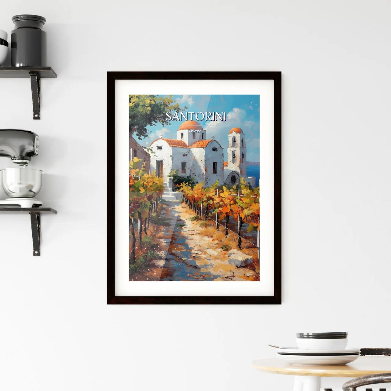 Santorini, Greece - Art print of a painting of a building with orange and yellow leaves Custom Print