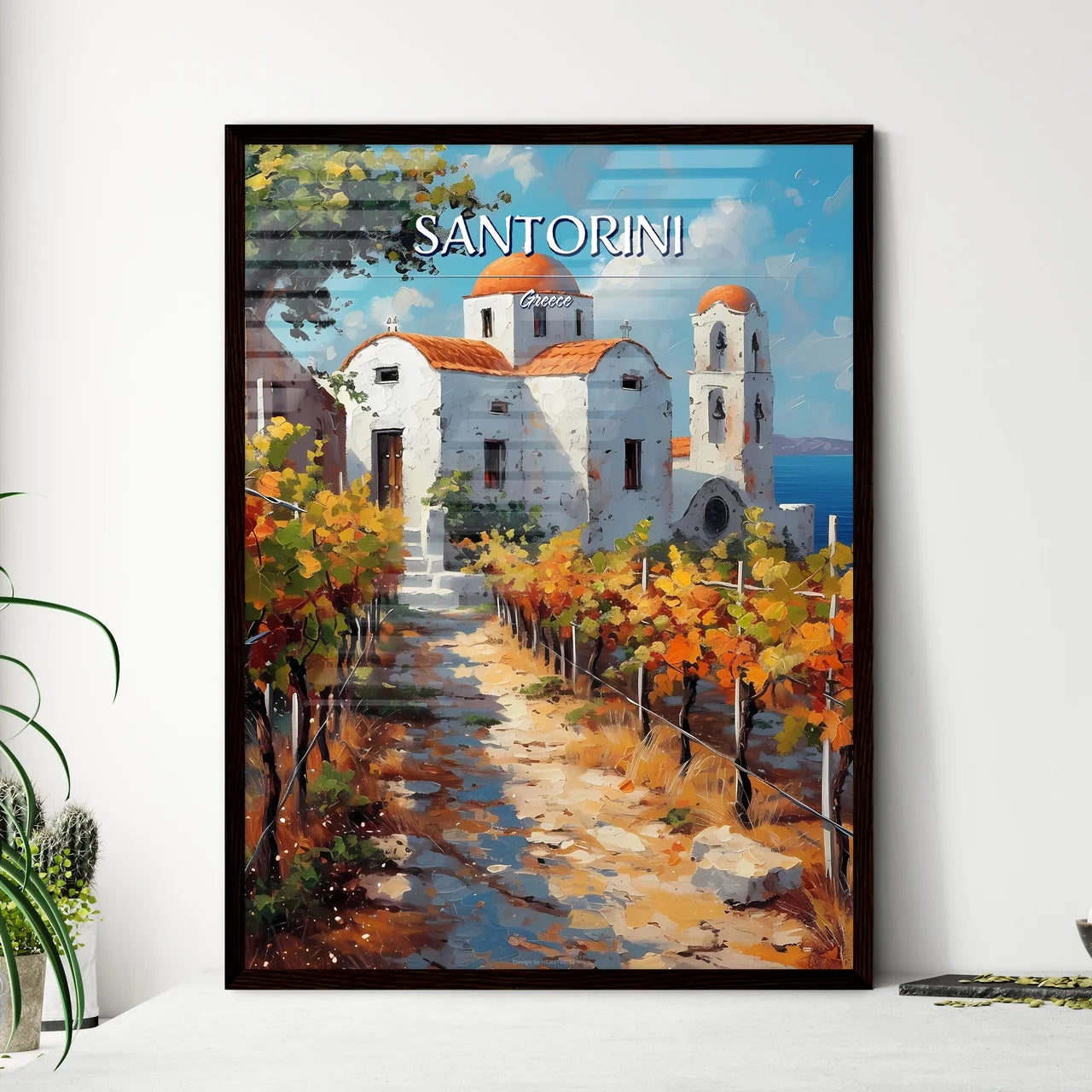 Santorini, Greece - Art print of a painting of a building with orange and yellow leaves Framed Art