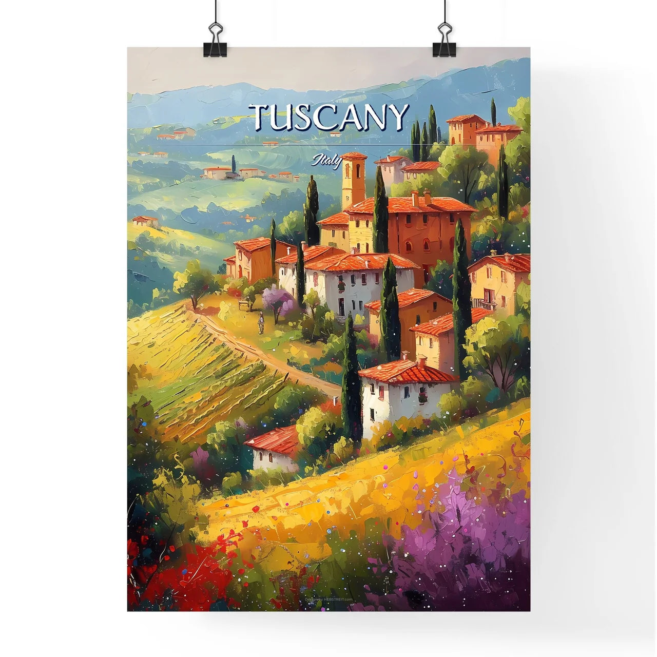 Tuscany, Italy - Art print of a painting of a village on a hill Poster