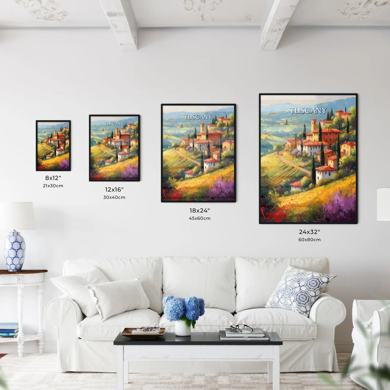 Tuscany, Italy - Art print of a painting of a village on a hill Size Chart
