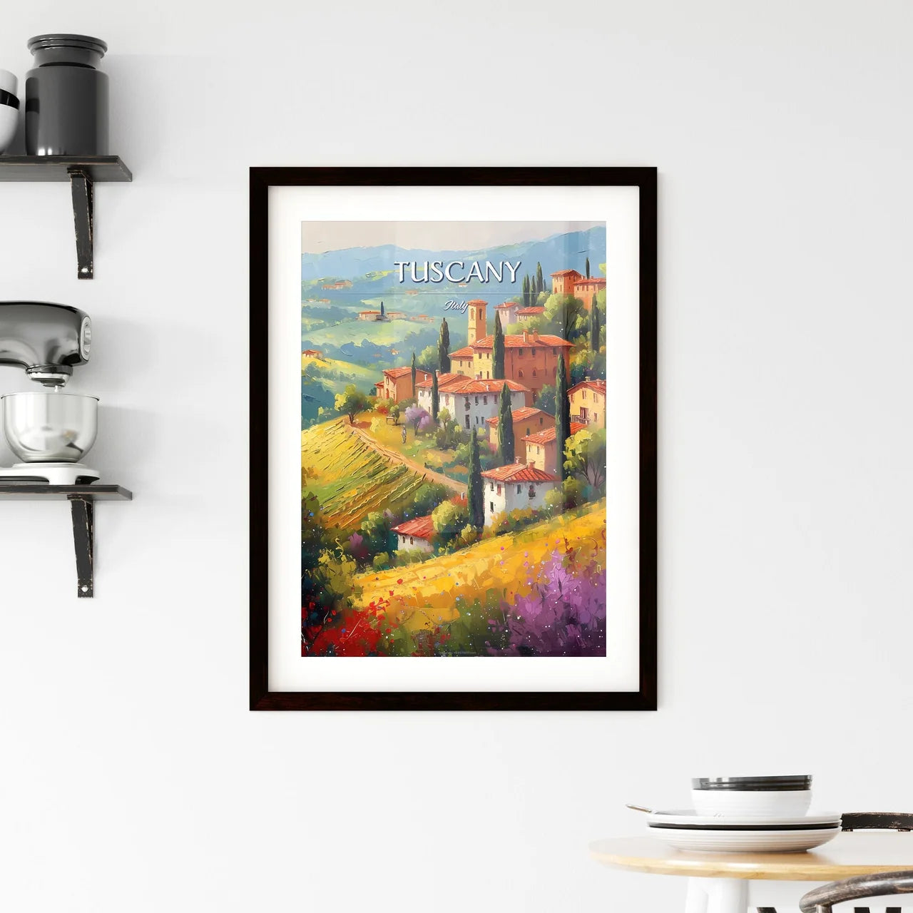 Tuscany, Italy - Art print of a painting of a village on a hill Custom Print