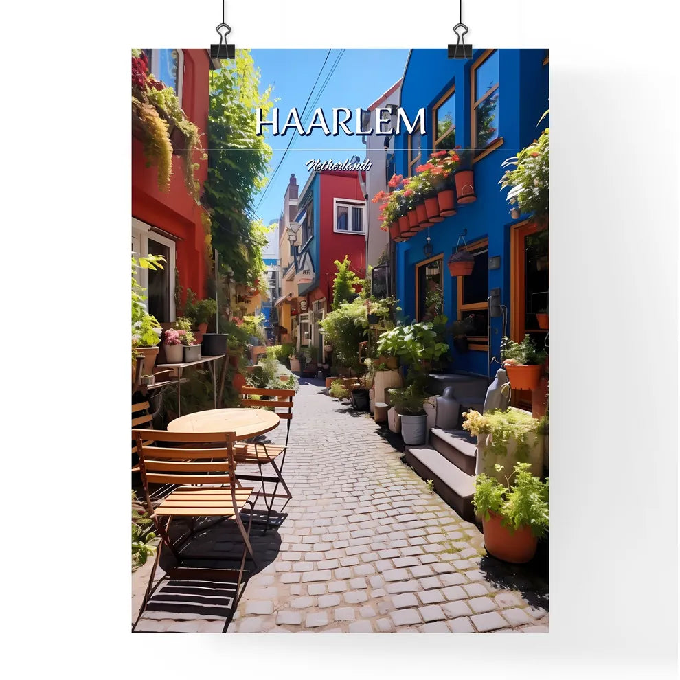 Haarlem, Netherlands - Art print of a narrow alley with tables and chairs and plants Poster