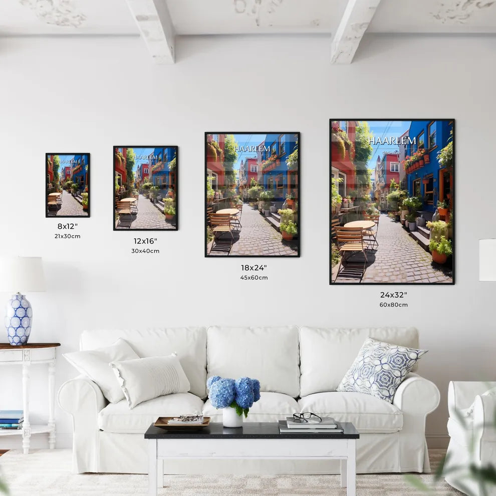 Haarlem, Netherlands - Art print of a narrow alley with tables and chairs and plants Size Chart