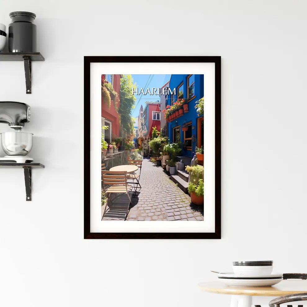Haarlem, Netherlands - Art print of a narrow alley with tables and chairs and plants Custom Print