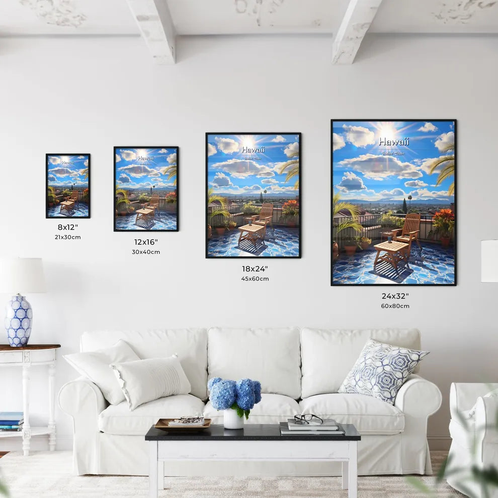 On the roofs of Hawaii, United States - Art print of a deck with chairs and a table on a sunny day Size Chart