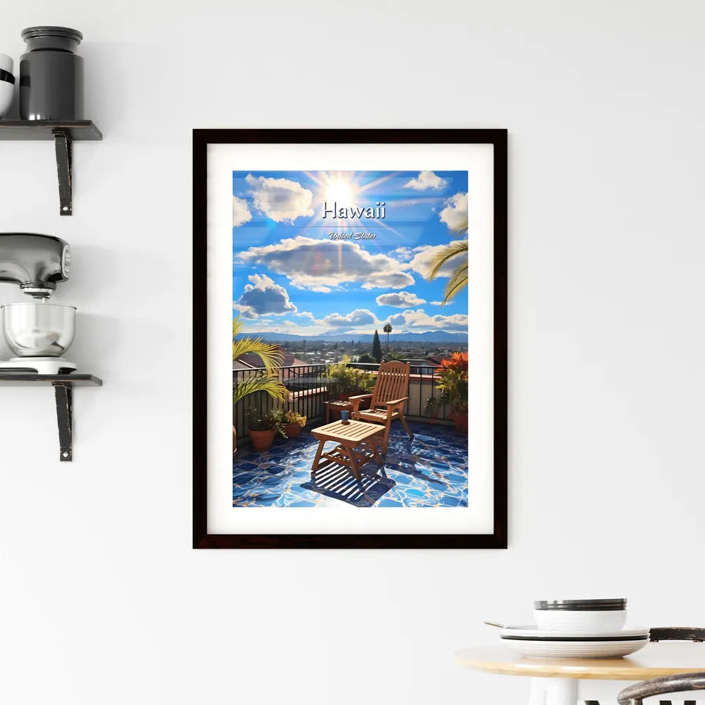 On the roofs of Hawaii, United States - Art print of a deck with chairs and a table on a sunny day Custom Print