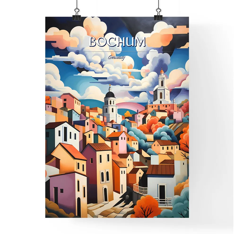 Bochum, Germany - Art print of a painting of a town with colorful buildings and clouds Poster