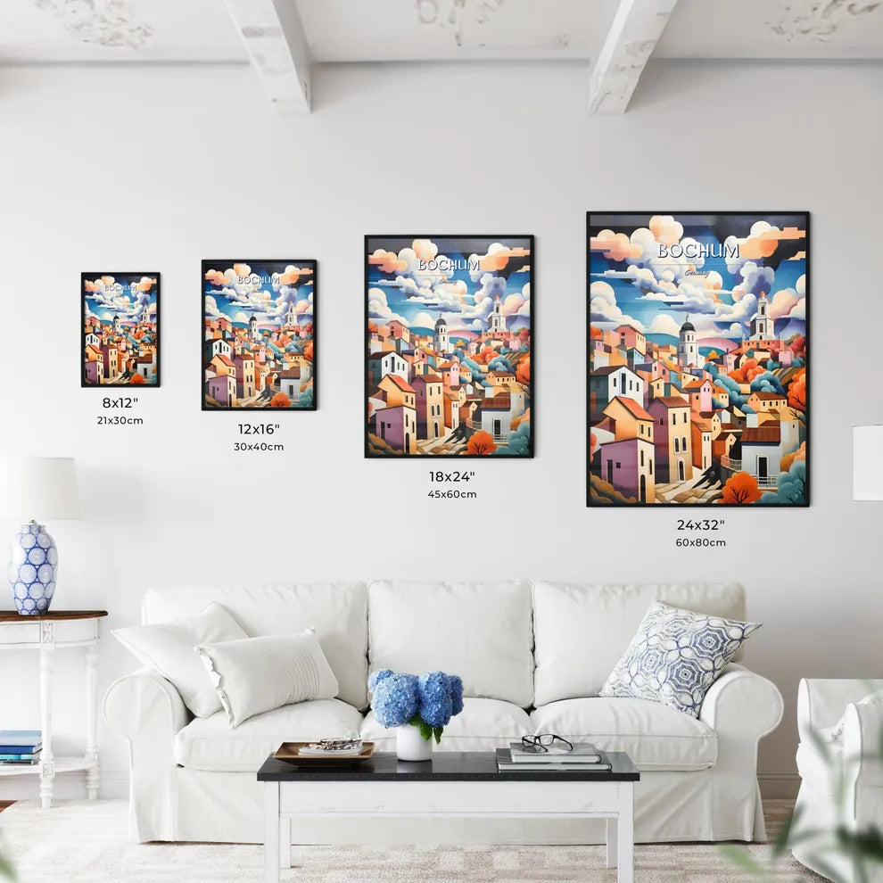 Bochum, Germany - Art print of a painting of a town with colorful buildings and clouds Size Chart