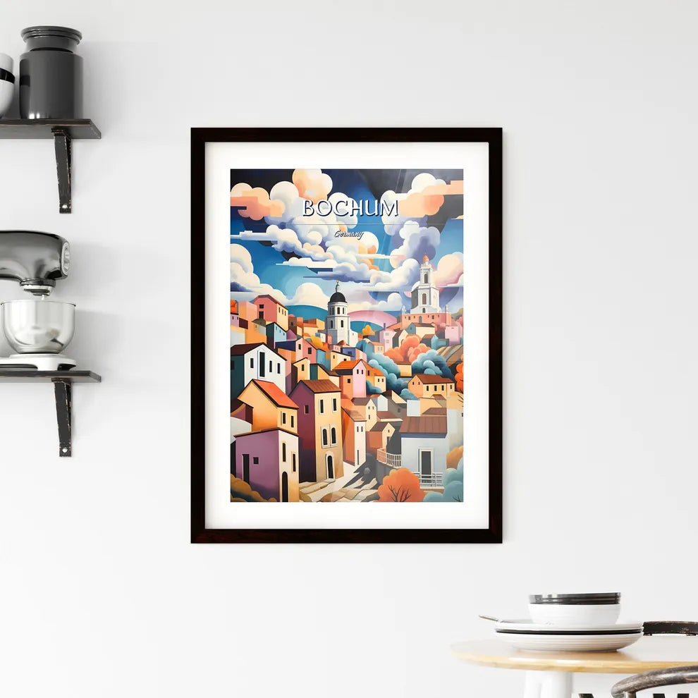 Bochum, Germany - Art print of a painting of a town with colorful buildings and clouds Custom Print