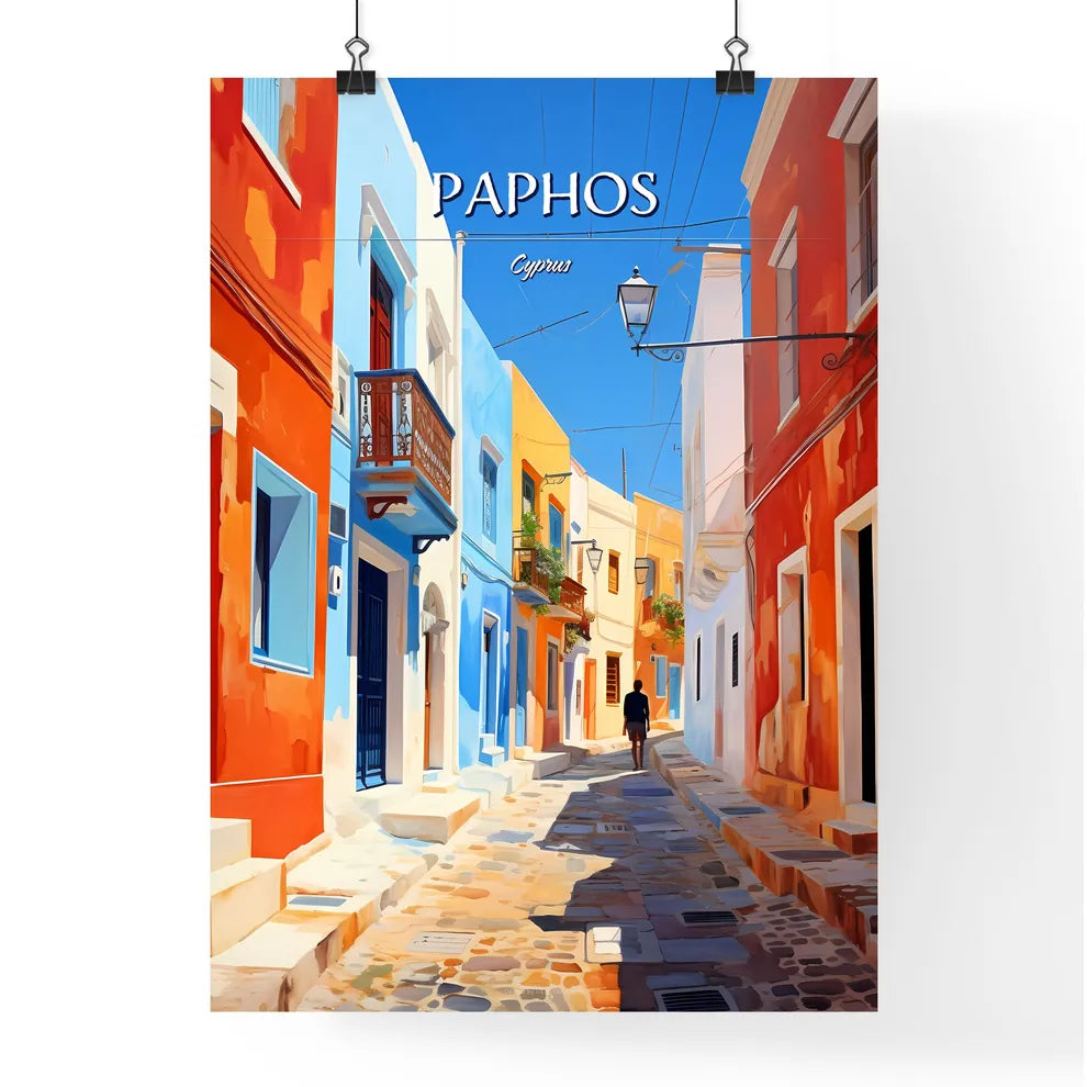 Paphos, Cyprus - Art print of a person walking down a narrow street with colorful buildings Poster