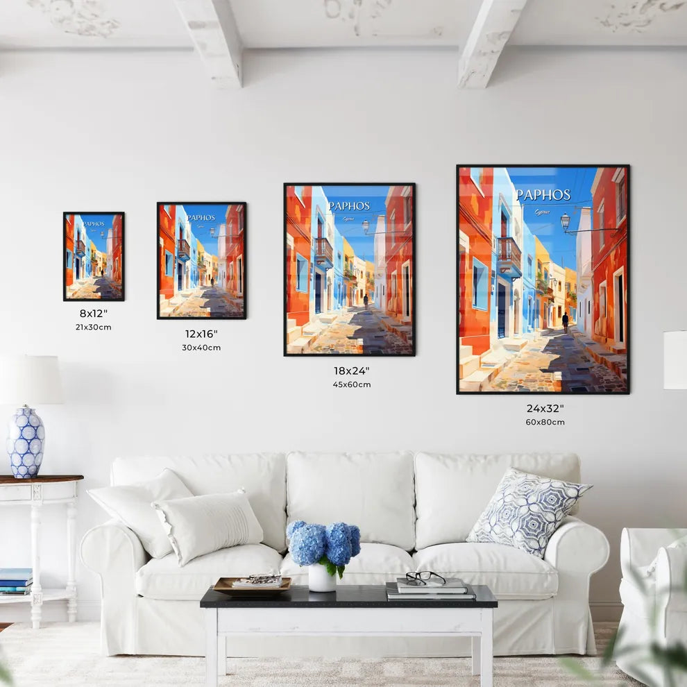 Paphos, Cyprus - Art print of a person walking down a narrow street with colorful buildings Size Chart