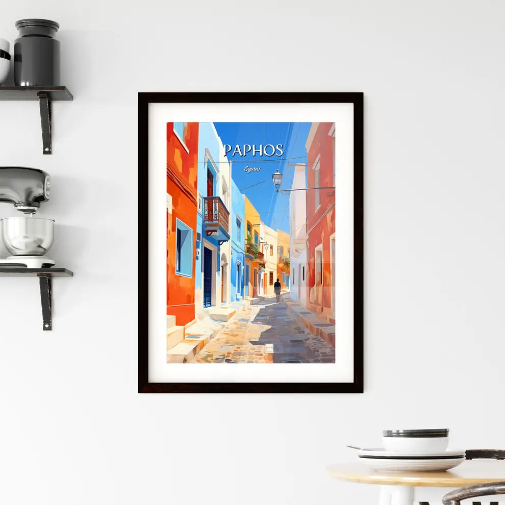Paphos, Cyprus - Art print of a person walking down a narrow street with colorful buildings Custom Print