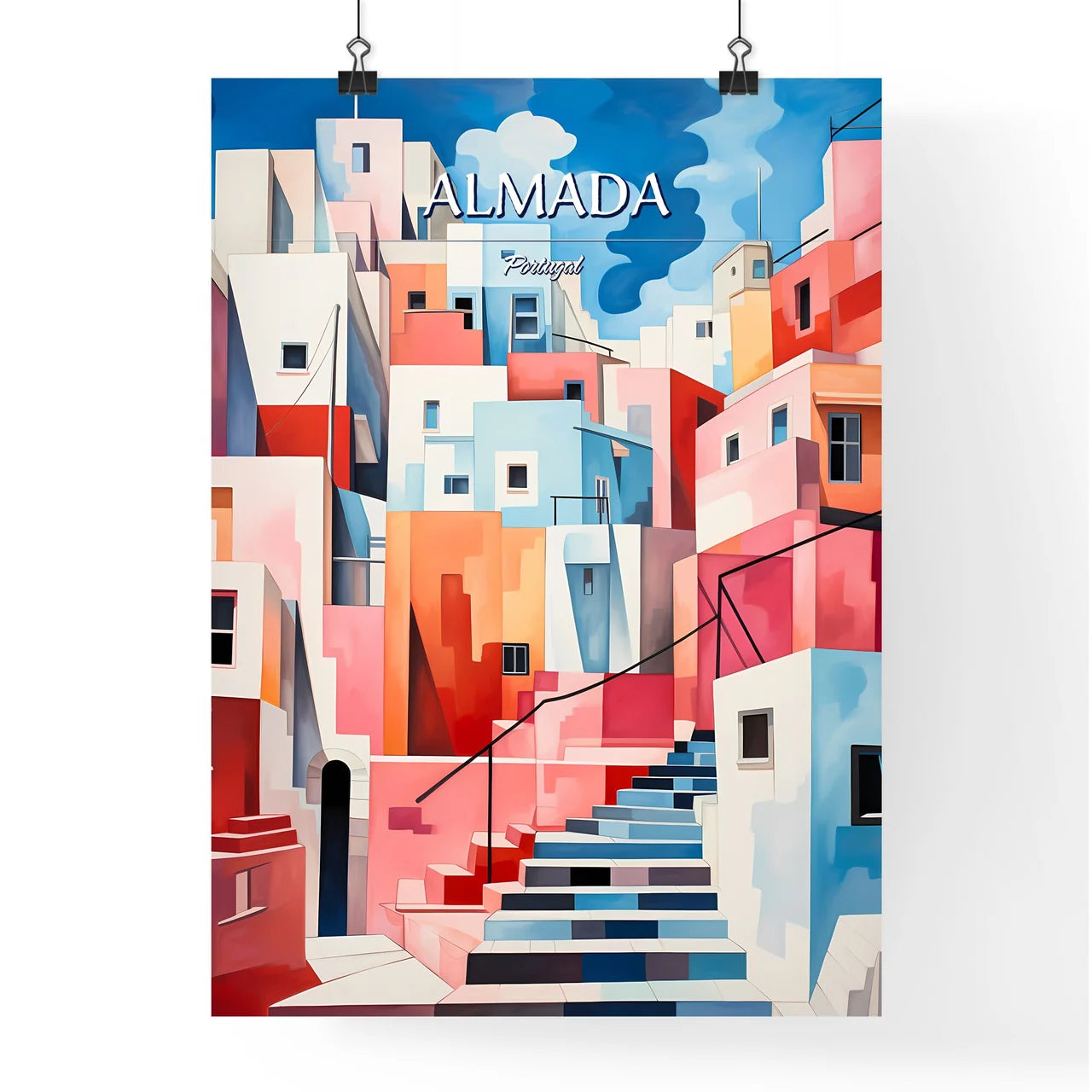 Almada, Portugal - Art print of a painting of a colorful city Poster