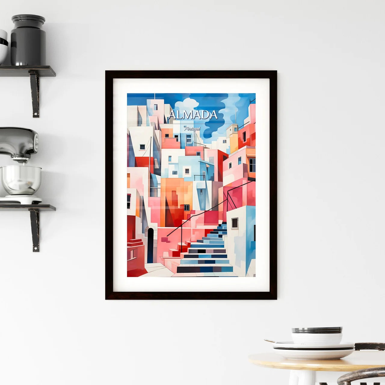 Almada, Portugal - Art print of a painting of a colorful city Custom Print