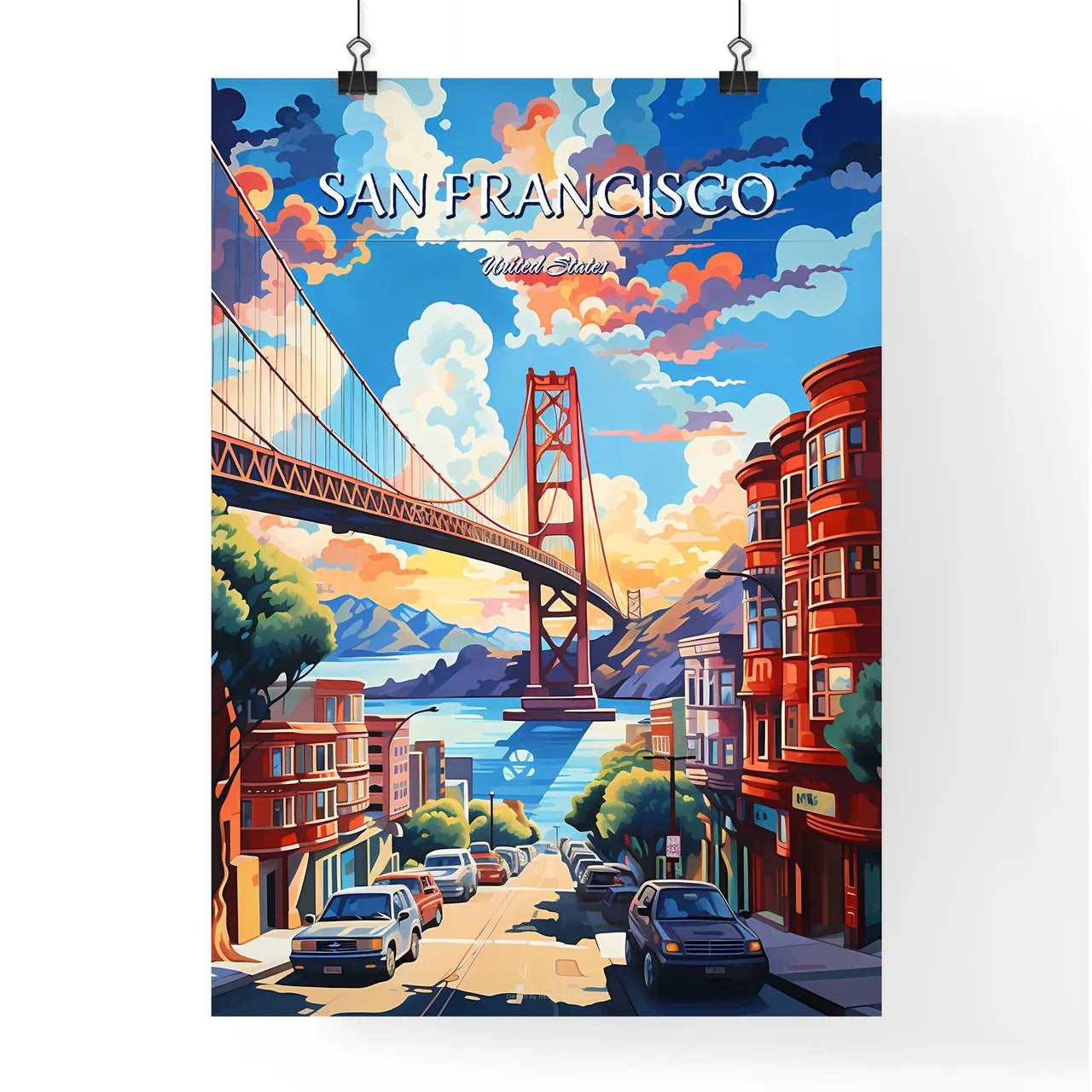 San Francisco - Art print of a bridge over water in a city Poster