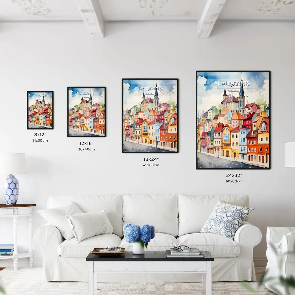 Lausanne, Switzerland - Art print of a watercolor painting of a city Size Chart