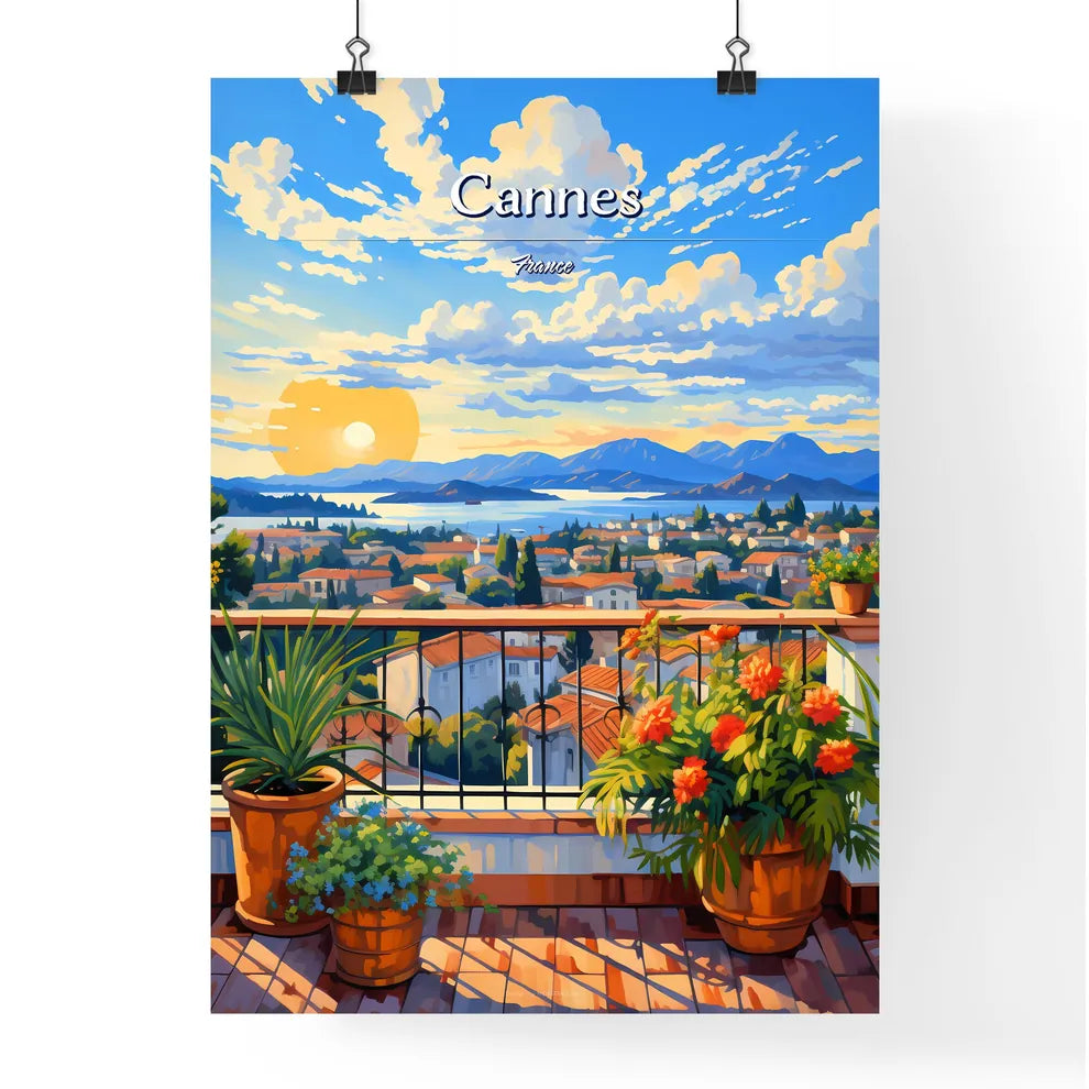 On the roofs of Cannes, France - Art print of a balcony with potted plants and a view of a city Poster