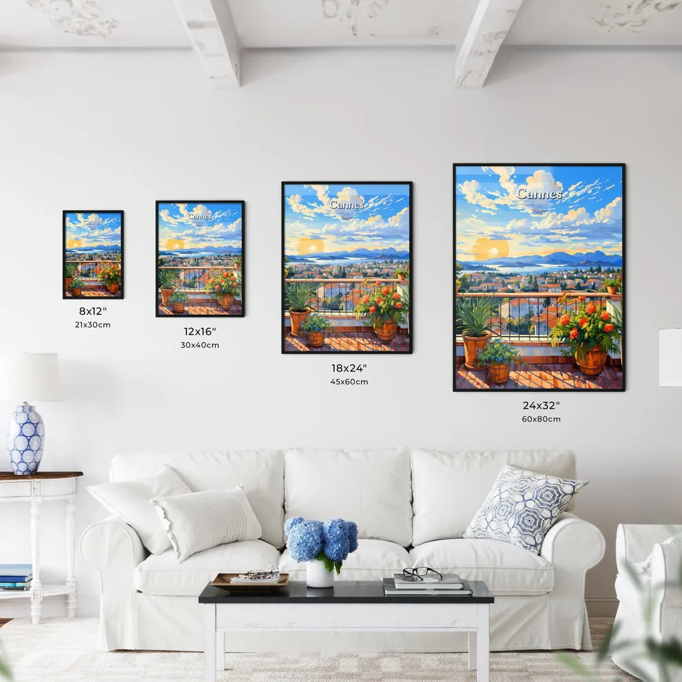 On the roofs of Cannes, France - Art print of a balcony with potted plants and a view of a city Size Chart