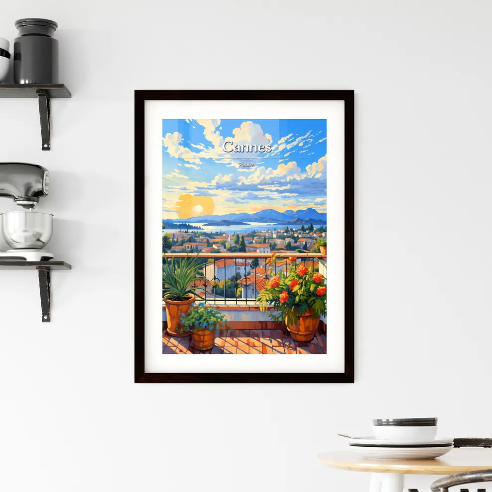 On the roofs of Cannes, France - Art print of a balcony with potted plants and a view of a city Custom Print