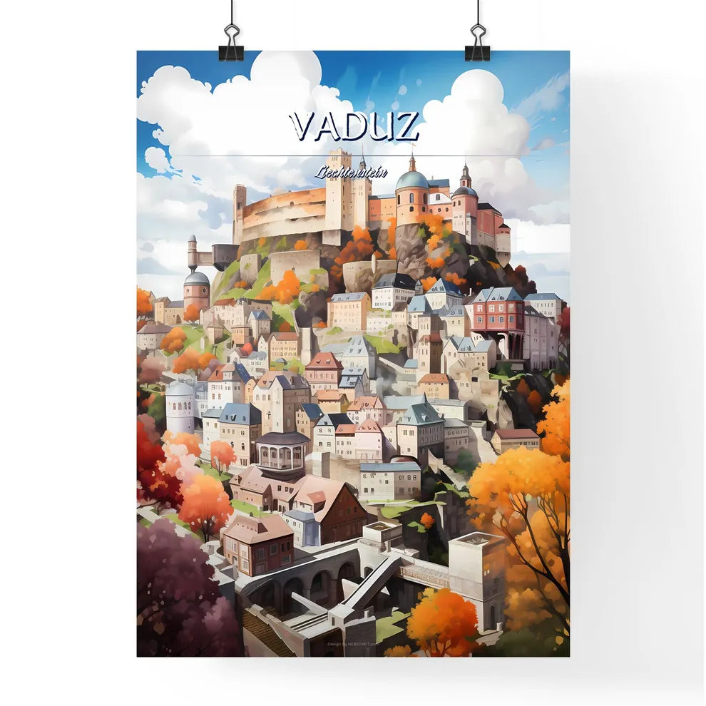 Vaduz, Liechtenstein - Art print of a castle on a hill with orange trees Poster