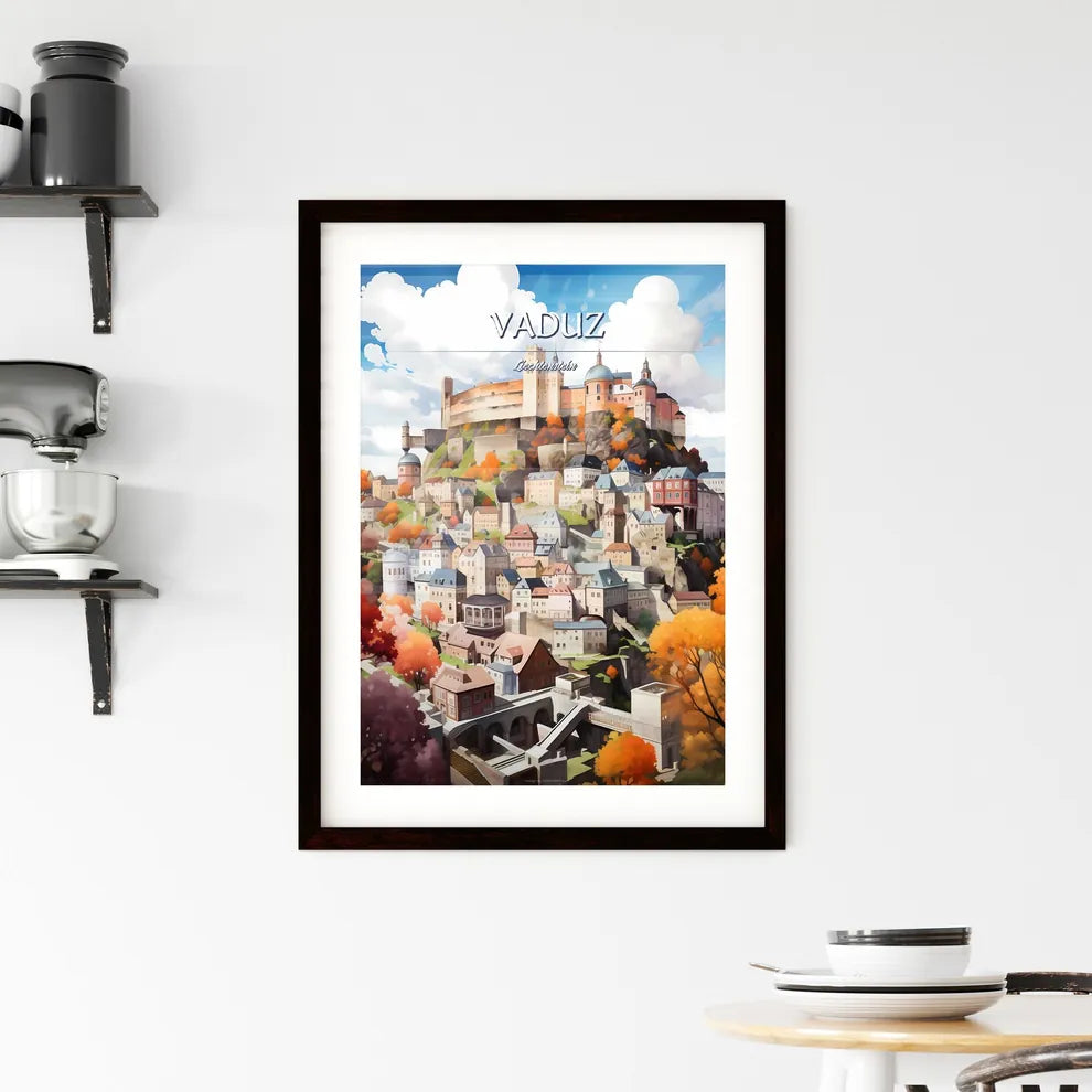 Vaduz, Liechtenstein - Art print of a castle on a hill with orange trees Custom Print