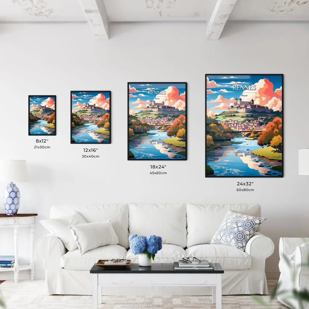 Rennes, France - Art print of a river running through a town Size Chart
