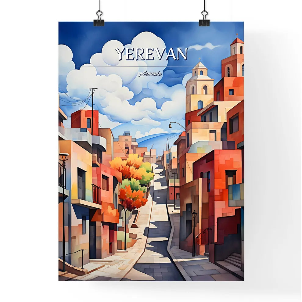 Yerevan, Armenia - Art print of a painting of a street with buildings and trees Poster