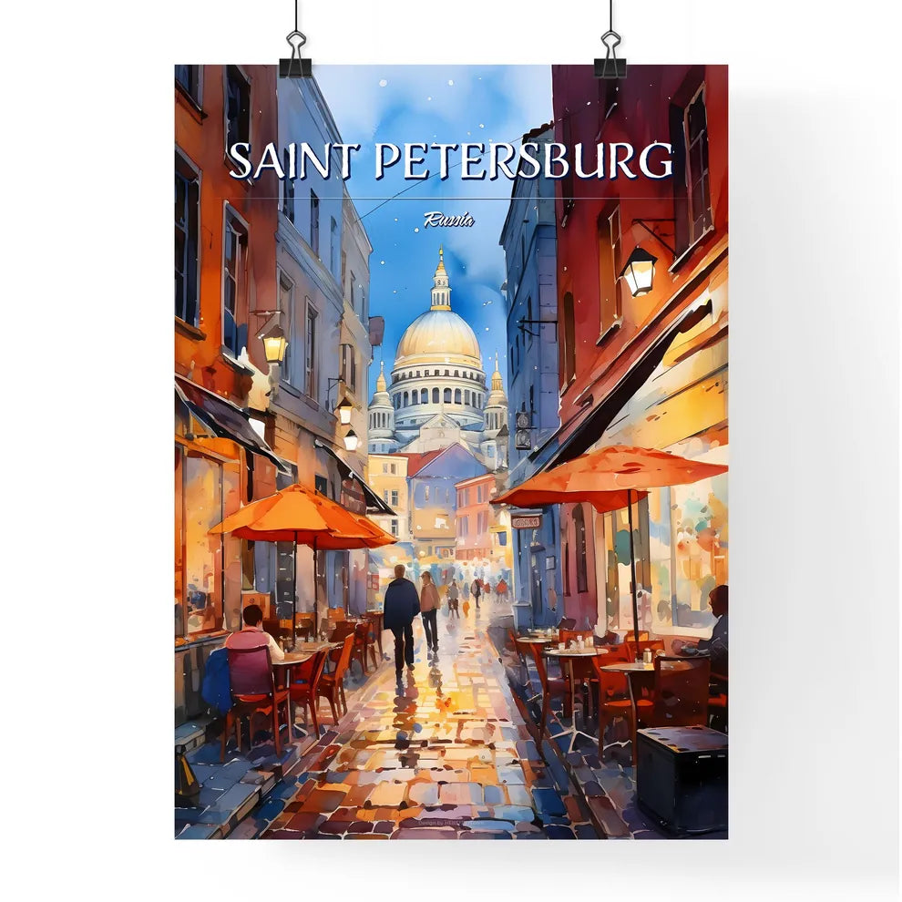 Saint Petersburg, Russia - Art print of a watercolor of a street with tables and umbrellas Poster
