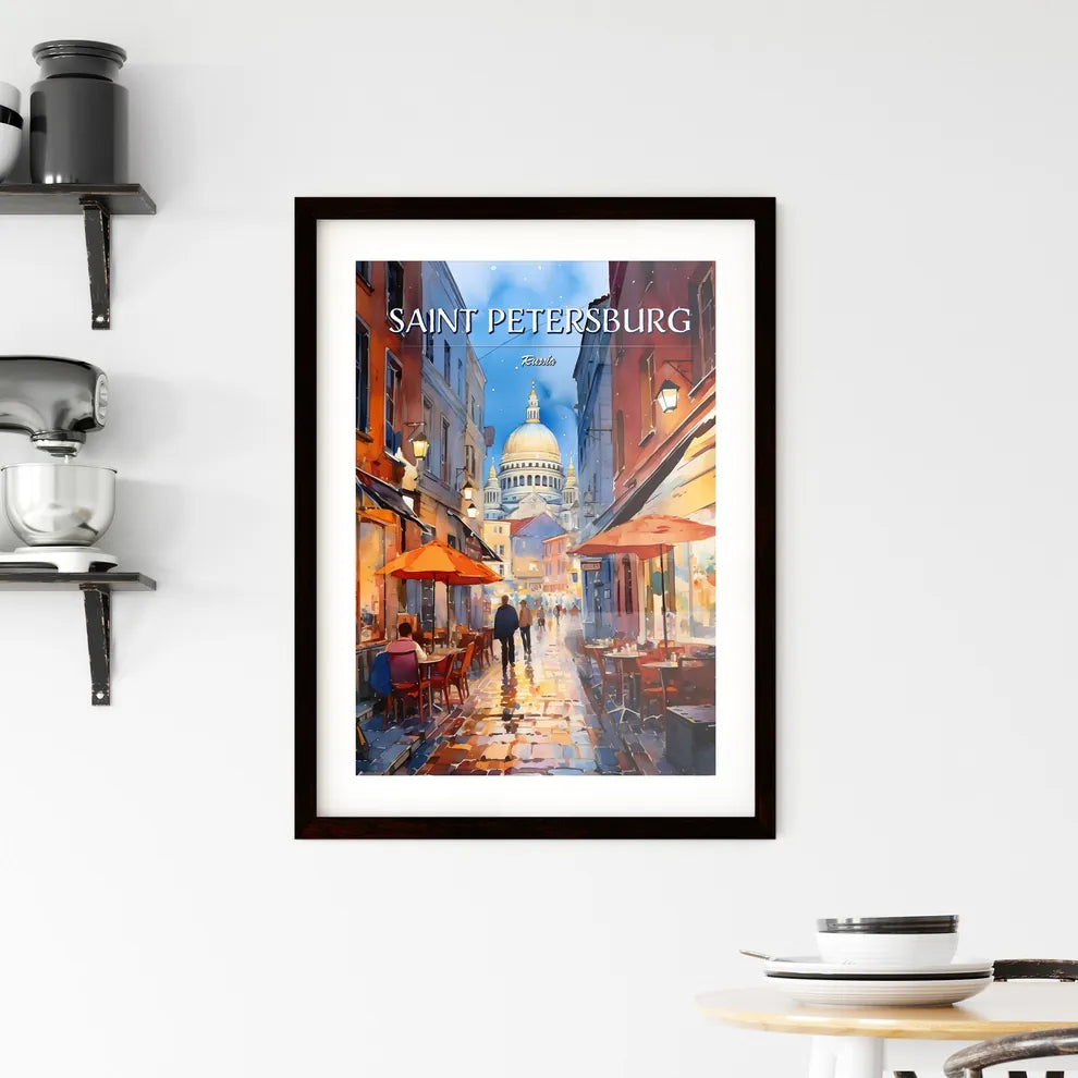 Saint Petersburg, Russia - Art print of a watercolor of a street with tables and umbrellas Custom Print