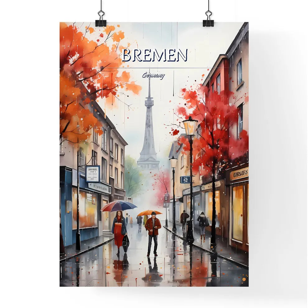 Bremen, Germany - Art print of a painting of people walking on a wet street with umbrellas Poster