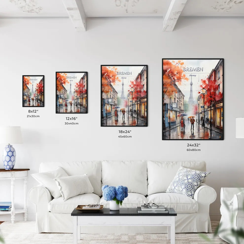 Bremen, Germany - Art print of a painting of people walking on a wet street with umbrellas Size Chart