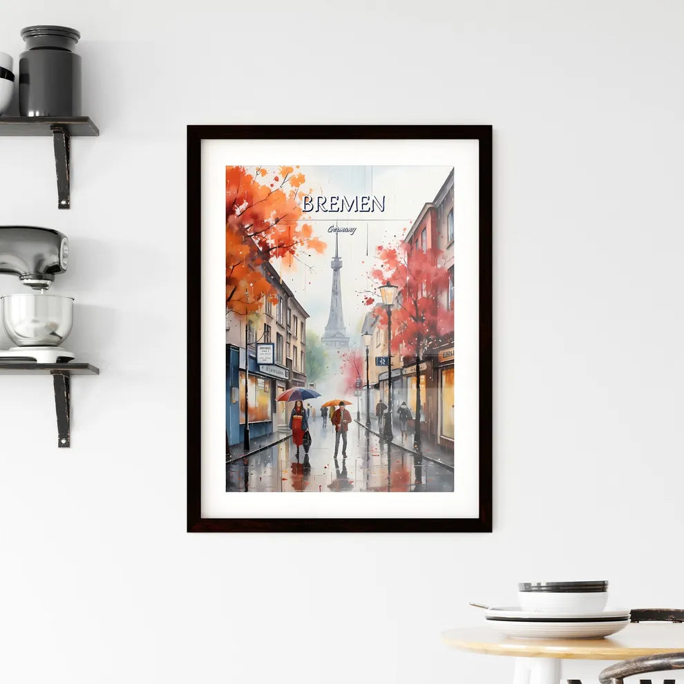 Bremen, Germany - Art print of a painting of people walking on a wet street with umbrellas Custom Print