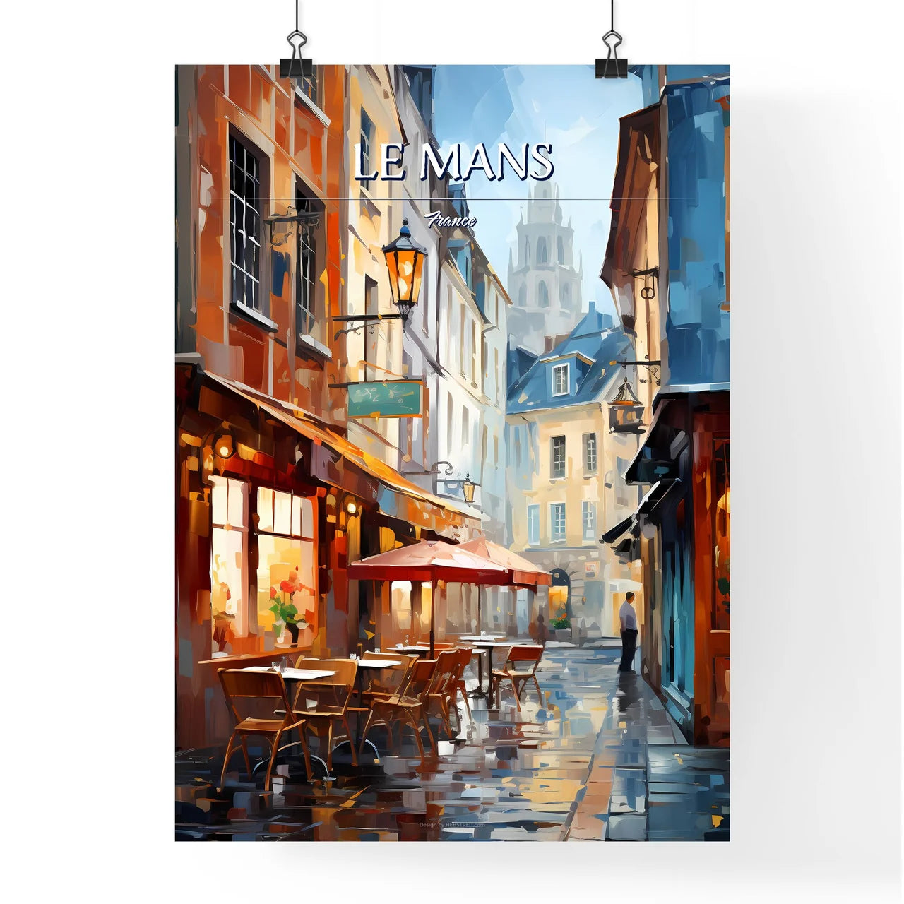 Le Mans, France - Art print of a street with tables and chairs in a city Poster