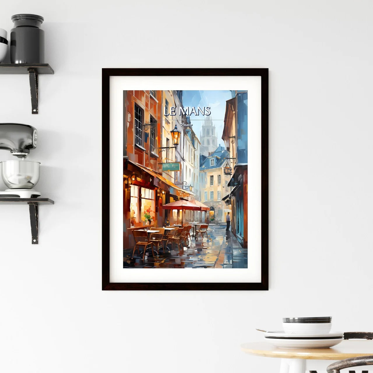 Le Mans, France - Art print of a street with tables and chairs in a city Custom Print