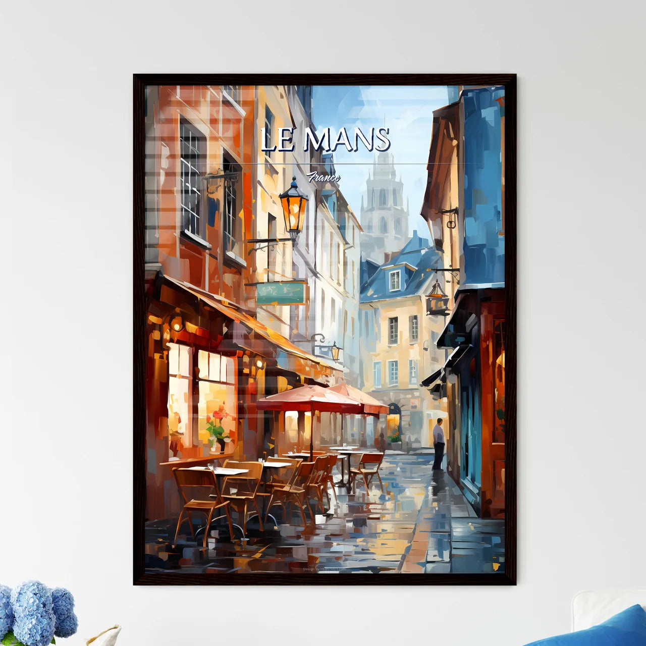 Le Mans, France - Art print of a street with tables and chairs in a city Framed Art