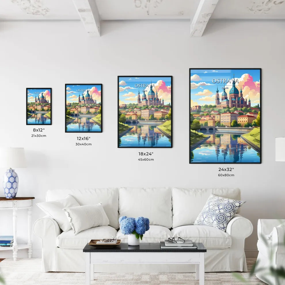 Ostrava, Czechia - Art print of a river with a castle on it Size Chart