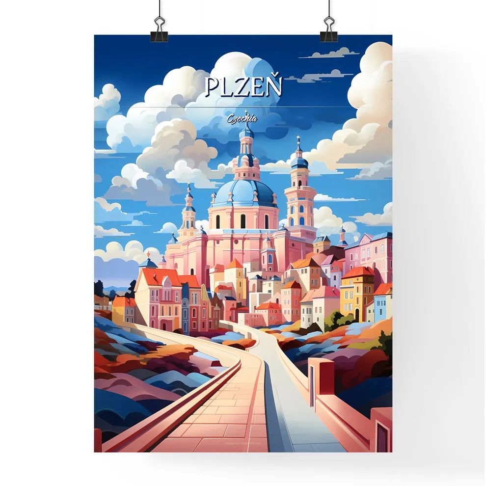 Plzeň, Czechia - Art print of a pink building with blue dome and a blue roof Poster