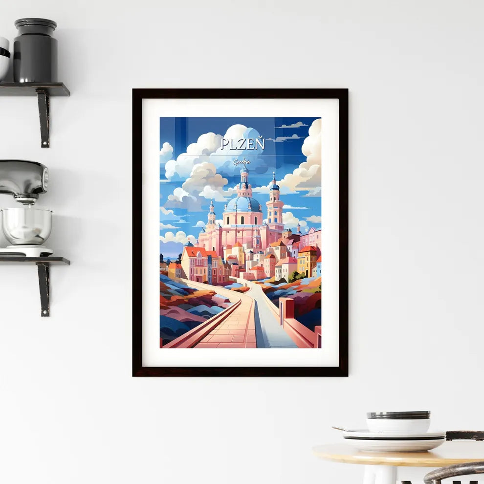 Plzeň, Czechia - Art print of a pink building with blue dome and a blue roof Custom Print