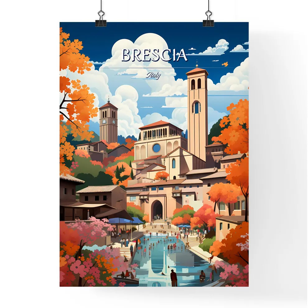 Brescia, Italy - Art print of a town with a pool and trees Poster