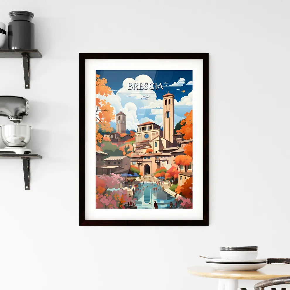 Brescia, Italy - Art print of a town with a pool and trees Custom Print