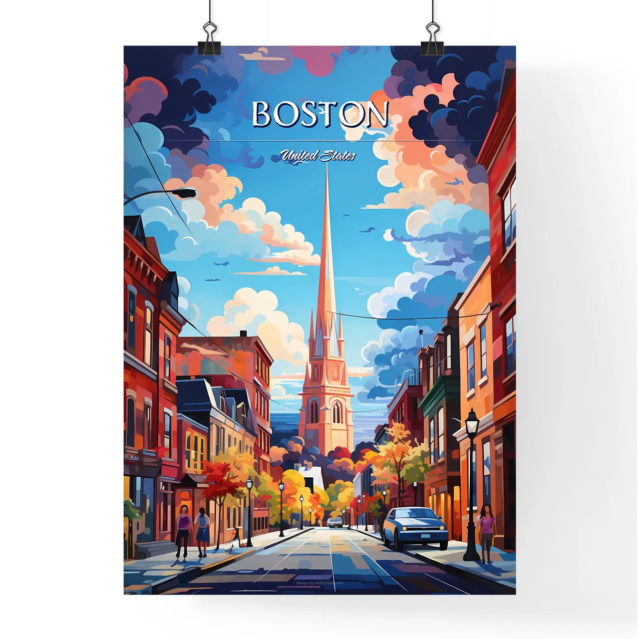 Boston - Art print of a street with a tall tower and cars Poster