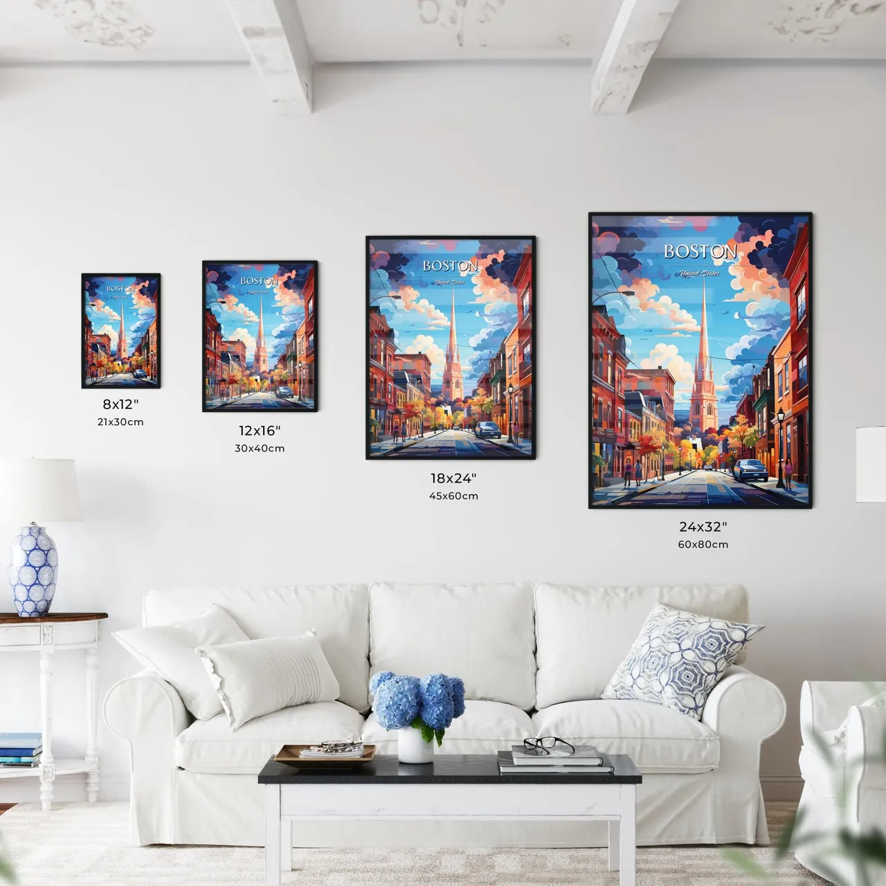 Boston - Art print of a street with a tall tower and cars Size Chart