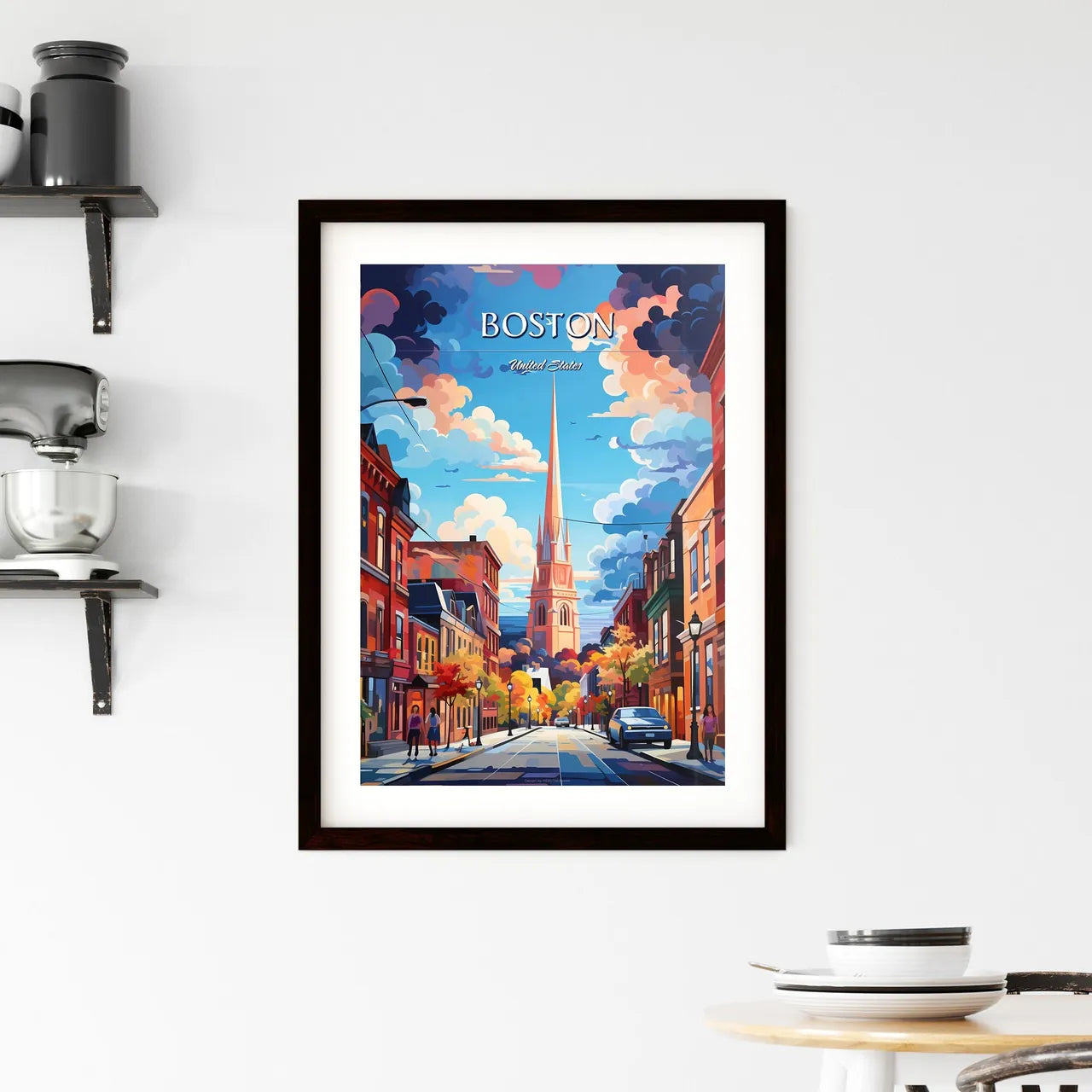 Boston - Art print of a street with a tall tower and cars Custom Print