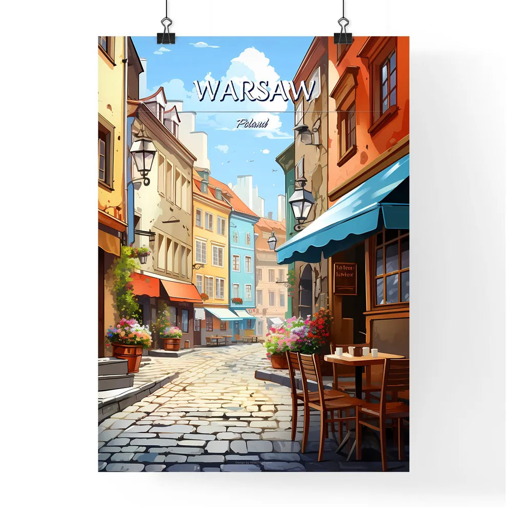 Warsaw, Poland - Art print of a street with tables and chairs and flowers Poster