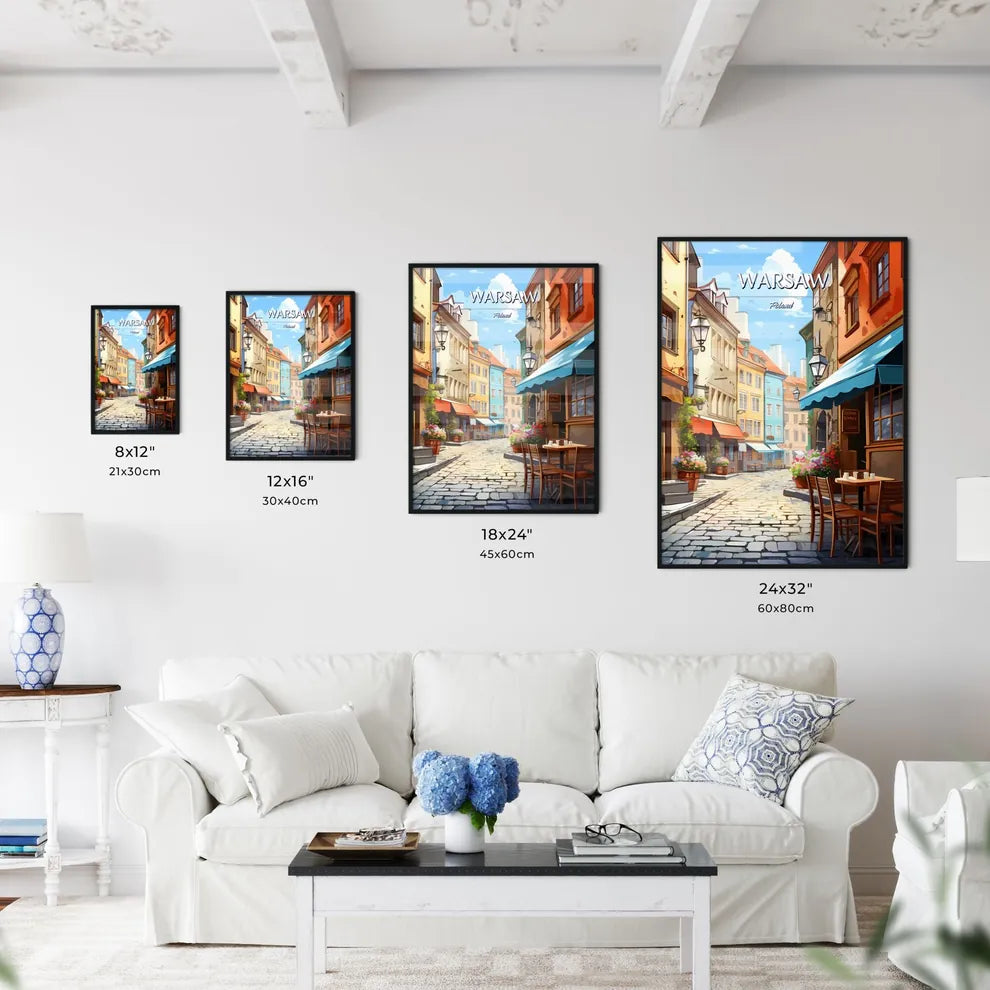 Warsaw, Poland - Art print of a street with tables and chairs and flowers Size Chart