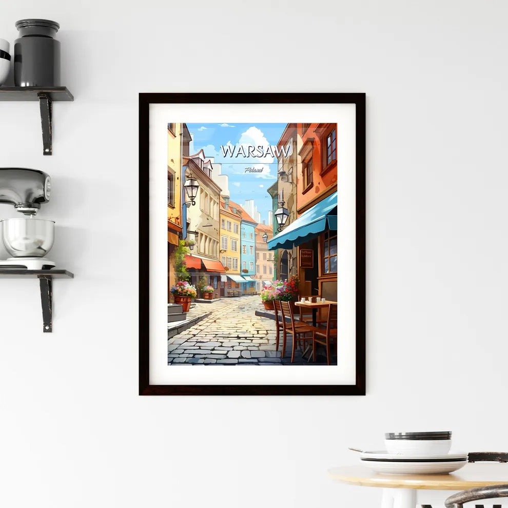 Warsaw, Poland - Art print of a street with tables and chairs and flowers Custom Print