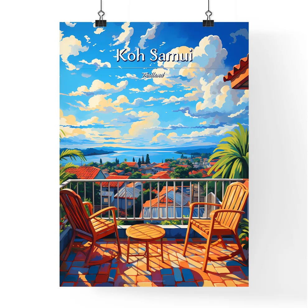 On the roofs of Koh Samui, Thailand - Art print of a balcony with chairs and table and a view of a city and water Poster