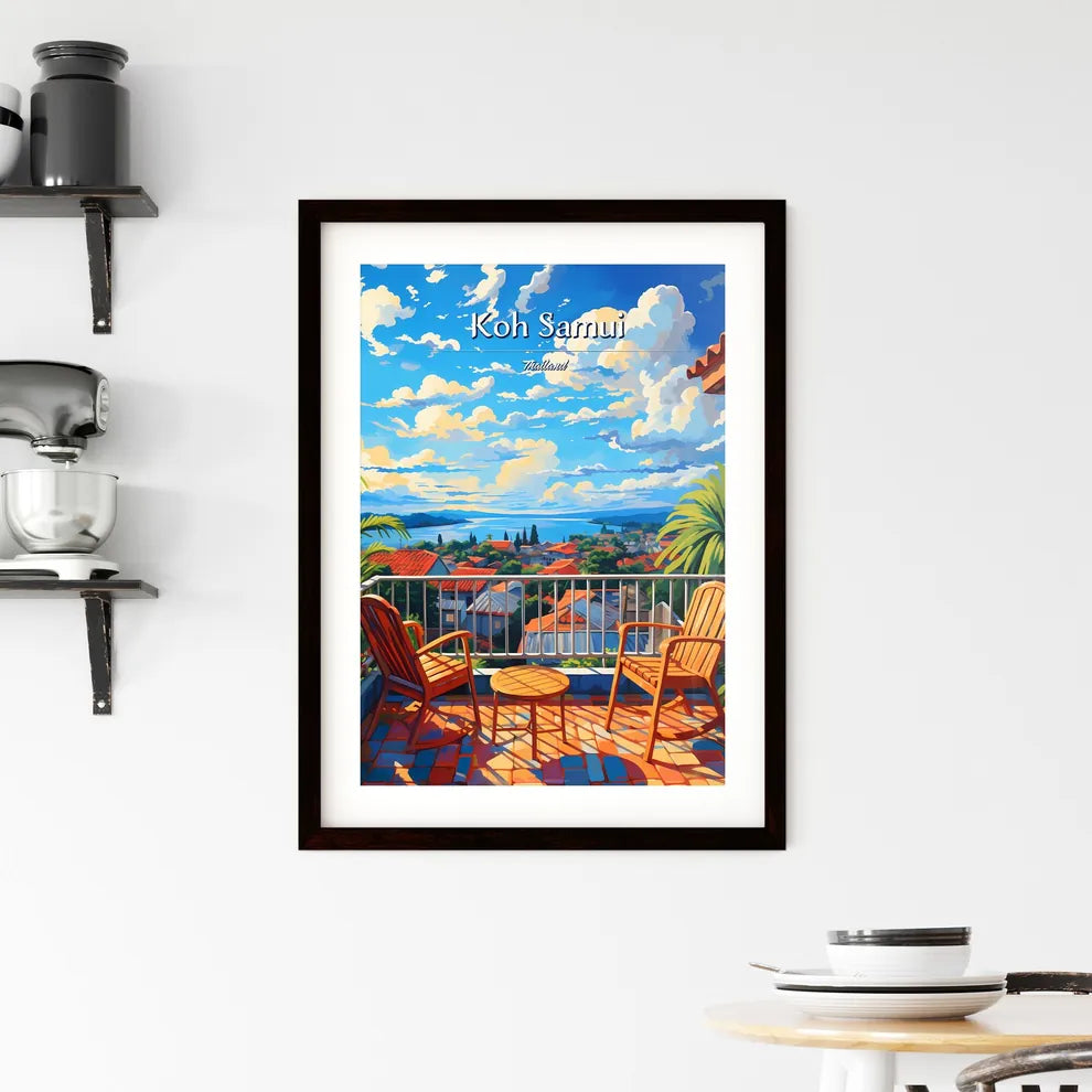 On the roofs of Koh Samui, Thailand - Art print of a balcony with chairs and table and a view of a city and water Custom Print
