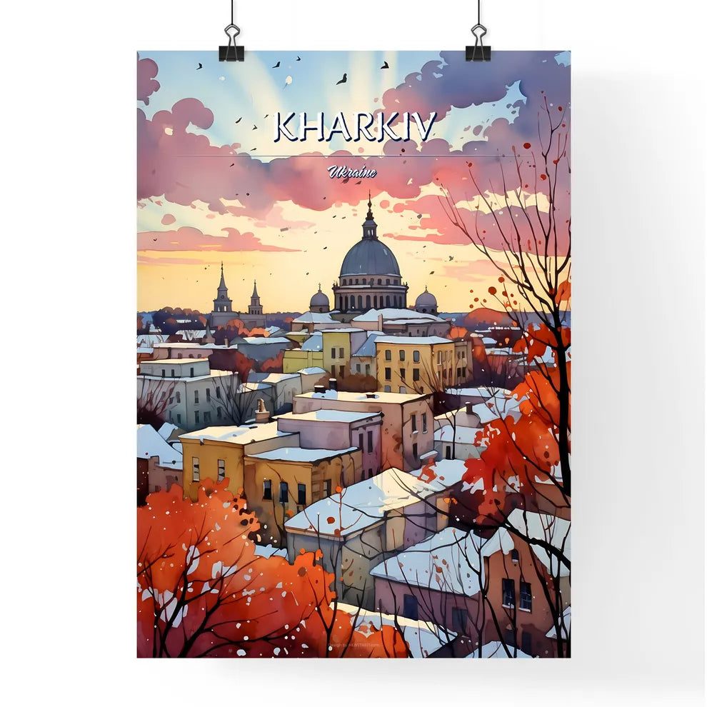 Kharkiv, Ukraine - Art print of a watercolor painting of a city with snow covered roofs Poster